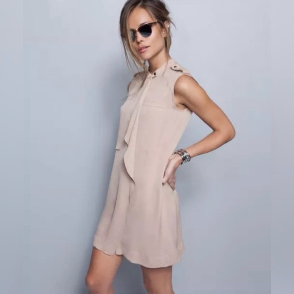 A.L.C. Bisque Beige 100% Silk Band Collar Sleeveless Mini Dress